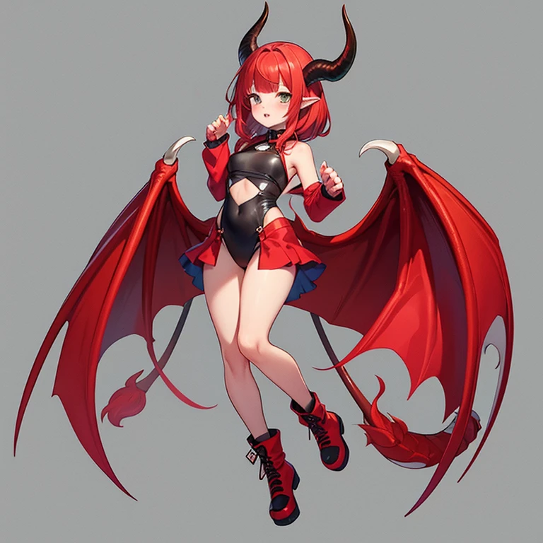 Dragon girl Hybrid. Cute. Red wings. Black horns. girl. Red hair long. Solo. Human face. Clawed hands. Revealing two piece outfit. Full body. SOLO. Red wings.