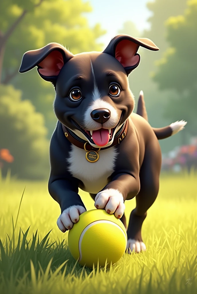 Create an illustration of my pet playing with a tennis ball.
It is a black male with a white chest and legs., no spots on the face, She is a pitbull cross and has a collar with her name on it., "Puchi". and his ears are small and he holds them low