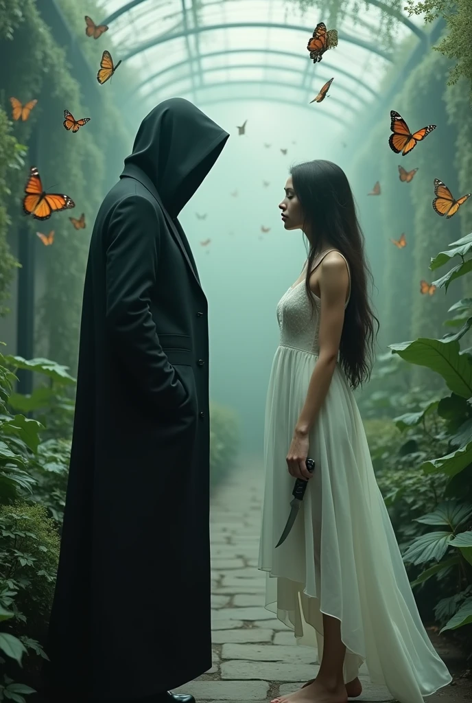 Create an image with two boys inside a butterfly house. The boy has a black suit, He has his face covered and is holding the door. The girl is wearing a white nightgown and butterflies are flying around her both. more realistic. The boy and the girl are adults and they are facing each other but they are separated and the boy is wearing a black suit covered from head to toe. More separated. The girl has a dagger in her hand. El chico es blanco y tiene tapada la cara More separated la chica con el cabello suelto. Let the girl grab the dagger. More separated. MORE BUTTERFLIES. THE GIRL IS WITHOUT SHOES AND THE BOY HAS HIS FACE COVERED WITH A. Hood the boy&#39;s suit more fitted to the body. The uniform is more fitted. MORE BUTTERFLIES. LET THEM BOTH LOOK AT EACH OTHER. LET GO OF YOUR HANDS. More separated Y SOLTARSE LA MANO. THE BOY&#39;S SUIT IS ATTACHED TO THE BODY AND PUT ON SHOES. HE IS WHITE AND A HOOD COVERS HIS FACE. COVER THE GUY&#39;S FACE AND PUT A SWORD SUIT ON HIM PLEASE
