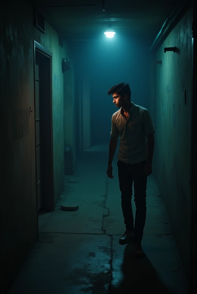 A 20-year-old smart and handsome boy from a middle-class family studying in a famous college of Delhi and his name is Vishal, he is wearing a shirt and pant. In the dark night, he is searching for something in an old basement of the college with his friends by turning on the mobile torch. ,4k hd realistic