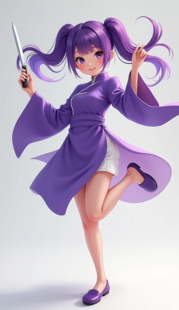cool、1 girl、alone、Gazing at the audience、smile、Twin tails、Simple Background、Long sleeve、Holding a knife、Mouth closed、Are standing、Purple Hair、whole body、Chinese clothing、Lift your legs、Standing on one leg、Purple Chinese Dress、White shorts、purple shoes、No socks、Flat shoes,Acrobatics
