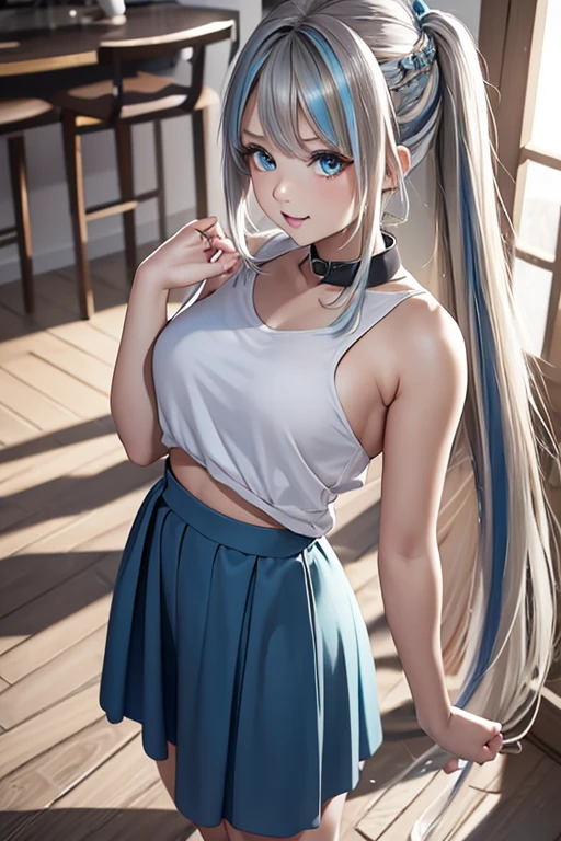 master piece,highres,4k.8k,Lifelike:1.5,Close-to-reality1.3,
full body,
Greige hair, ((highlights hair, Blue streaked hair:1.0)),
braided bangs,high ponytail,
turquoise blue eyes,
glamorous,
mischievous,eighteen years old,
full body,full body,full body,full body,full body,
break,
arched back,
culottes,cropped shirt,