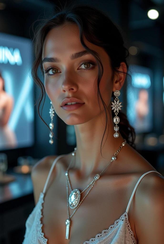 A marketing image on large screens from the jewelry company LUMINA 