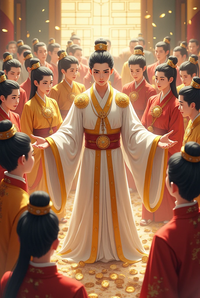 Chinese anime, A young man with a clear face and a playful style., Wearing a white and gold ancient Chinese costume, resembling a god. He is the head of a large and very wealthy cult.. He stood in front and his disciples surrounded him.. Many of his disciples also wore ancient Chinese clothing in various colors.. colorful, Looks very rich. There are spirit grass and valuable materials for decoration.. Overflowing Money. young boy, Young man, a god, a hand full of gold coins, a god, a scene set in a school, the faces of the disciples are sometimes fierce, sometimes innocent.