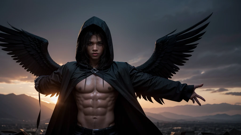 A black angel with a hood and open arms receiving souls in purgatory