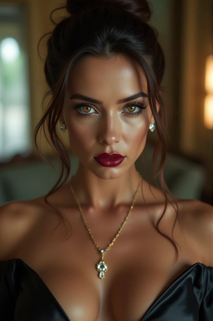 (Please open your mouth wide:1.9), (Semen-covered .:1.8), (Frightened expression:1.5), (A look of contempt:1.5), Luxury hotel interior, Browsing Caution, masterpiece, Highest quality, Accurate, 超High resolution, retina, Very detailed, Awards, High resolution, Anatomically correct, (Realistic:1.4), RAW Photos, (Soft Saturation:1.3), (Fair skin:1.2), 8k, 1 person, Mature adult woman, Beautiful evil, Evil and nasty sexy women, (Perfectly beautiful woman, A perfectly beautiful face, Perfectly beautiful eyes, perfectly beautiful nose, perfectly beautiful nose孔, perfectly beautiful lips), (Chestnut-colored hair tied on top of the head), (Compensate:1.3), (Eye Reflexes:1.3, Solid Circle Eye, Ring-shaped eyes, Sparkling eyes:1.2, Long eyelashes:0.7, Amber Eyes), (Crystal Earrings, Shiny gold necklace), (Captivating smile:1.4, Cruel smile:1.4), (dark red lips:1.3, Glossy Lips:1.5,Lip reflection:1.5), (clavicle, Cleavage, Huge saggy breasts, Silk dress:1.5), (Detailed texture of wrinkles on clothing:1.3), Looking at the audience, POV, Bukkake