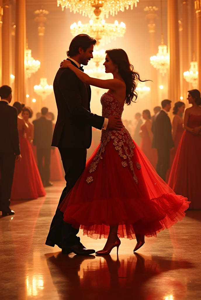 The ballroom was a dazzling setting, with elegantly dressed Shah Rukh Khan and Preity Zinta twirling gracefully on the polished floor. The atmosphere was alive with bright colors and soft light from overhead chandeliers. Luxurious gowns and tailored suits created a tapestry of sophistication and luxury, as the couples danced in perfect harmony, their movements synchronized to the