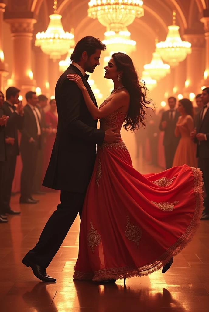The ballroom was a dazzling setting, with elegantly dressed Shah Rukh Khan and Preity Zinta twirling gracefully on the polished floor. The atmosphere was alive with bright colors and soft light from overhead chandeliers. Luxurious gowns and tailored suits created a tapestry of sophistication and luxury, as the couples danced in perfect harmony, their movements synchronized to the