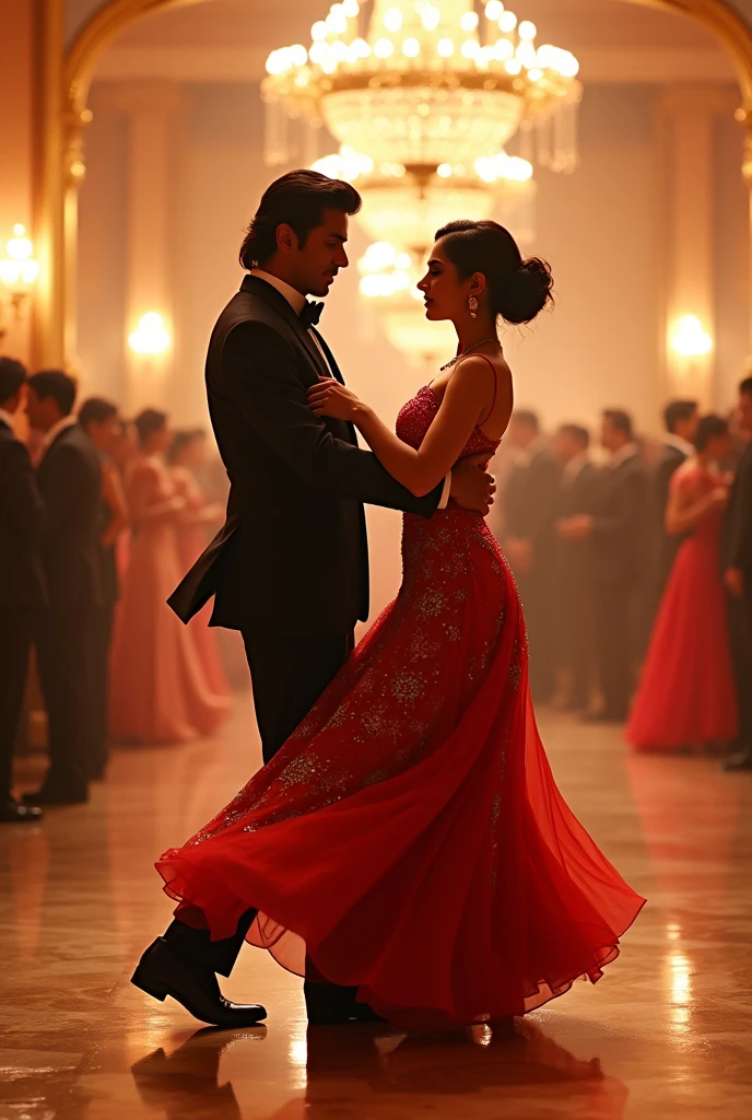 The ballroom was a dazzling setting, with elegantly dressed Shah Rukh Khan and Preity Zinta twirling gracefully on the polished floor. The atmosphere was alive with bright colors and soft light from overhead chandeliers. Luxurious gowns and tailored suits created a tapestry of sophistication and luxury, as the couples danced in perfect harmony, their movements synchronized to the