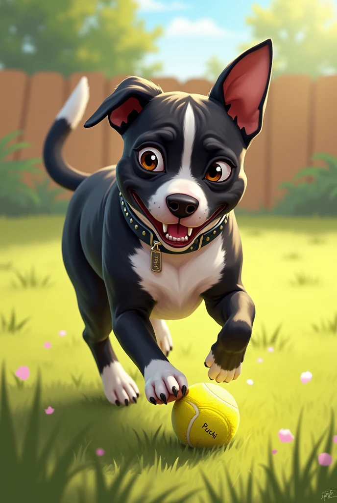 Create an illustration of my pet playing with a tennis ball.
It is a black male with a white chest and legs., no spots on the face, She is a pitbull cross and has a collar with her name on it., "Puchi". and his ears are small and he holds them low