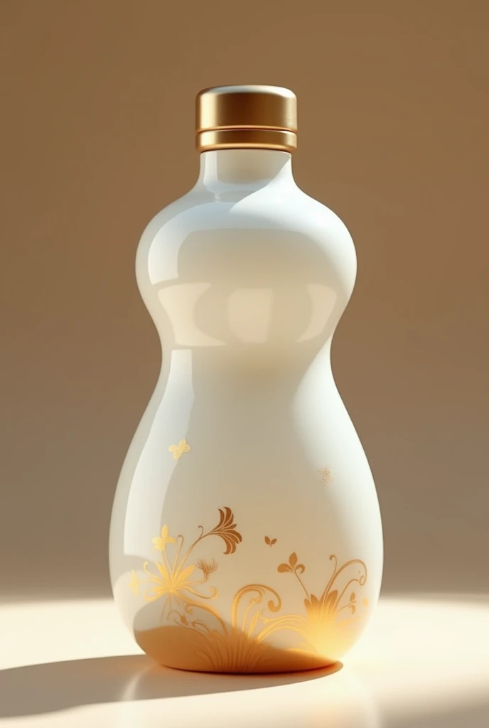 A bottle,Sports drink bottle shapes,Traditional wine jugs have rounded edges.,Round bottle,Trendy bottle design,The surface is a streamlined ceramic design,Translucent gradient milky white thin ceramic material,There is a golden Chinese medicine pattern,Trendy bottle design,High-end,Gao Yade,Streamlined texture,Metal bottle caps,golden bottle cap,high quality,surreal style,