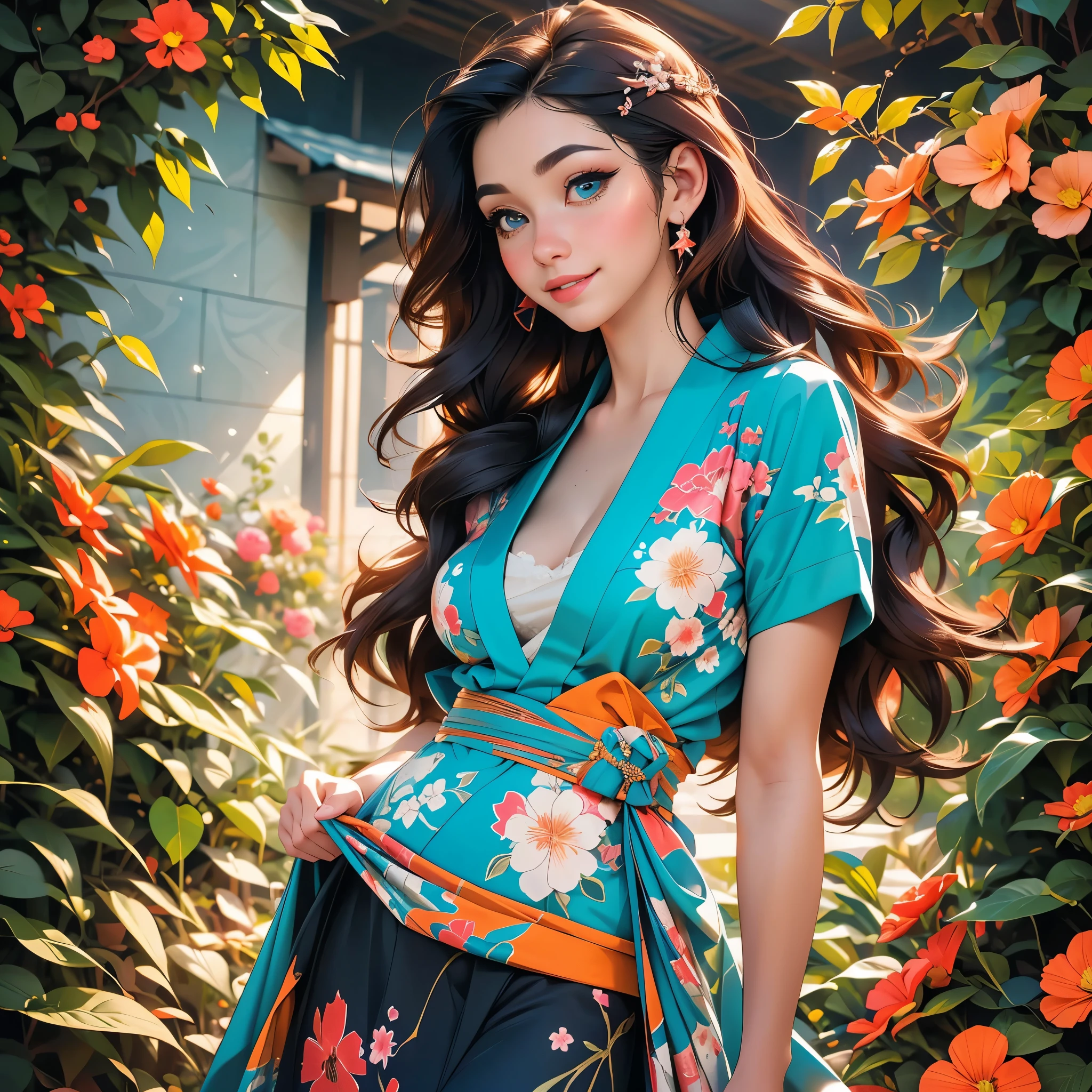 Half-body picture, better quality, work of art, Ultra high resolution, (realism: 1.4), original photo, (Realistic skin texture: 1.3), (Film texture: 1.3), (Selfie corner), 1 woman, Beautiful big eyes and facial details, smiling, long hair,In a kimono, charming, open shoulders, work of art, better quality, looking at the audience