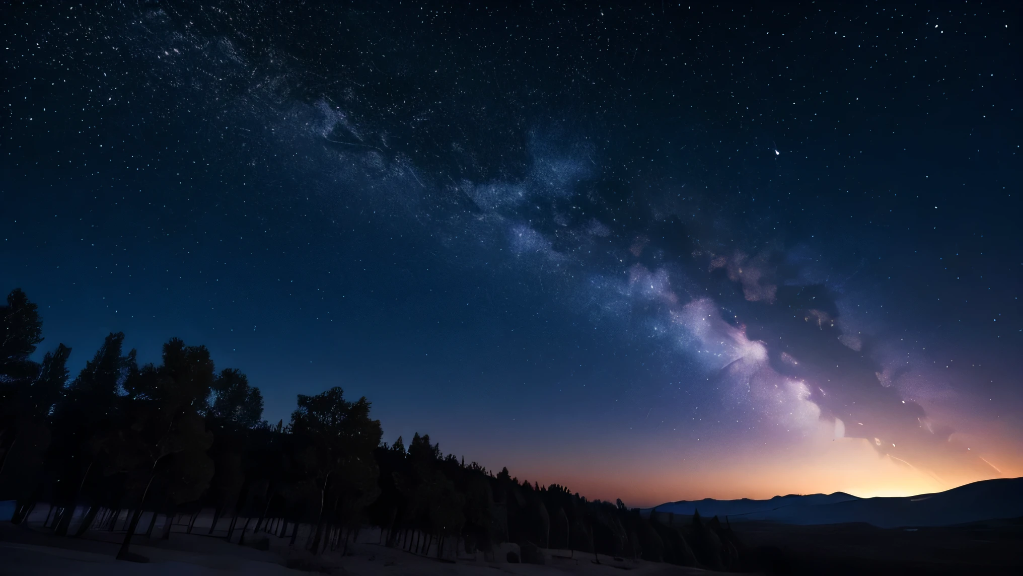 Pitch black night sky, shooting stars and big moon, lots of twinkling stars