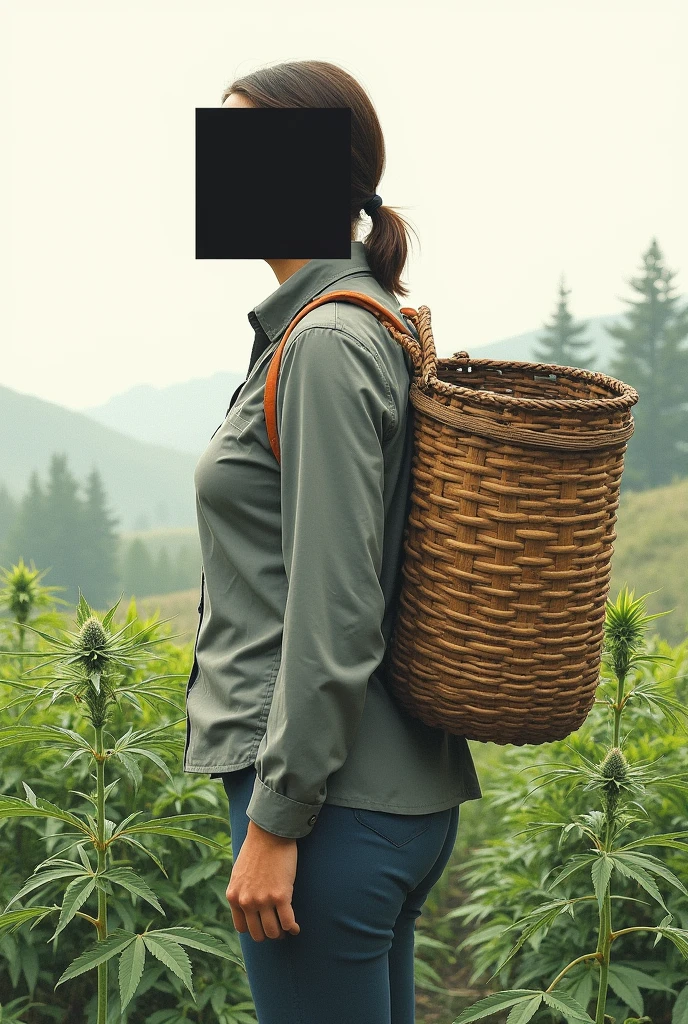 The sketch depicts a person dedicated to harvesting weed, here are the details:
Appearance of the individual: The person wears a gray long-sleeved blouse and has a large woven basket tied to the back, presumably to pick the crop.
Activity: The individual is actively picking or harvesting from the plant.
Setting: The background suggests a rural outdoor setting with greenery and hints of rolling hills in the distance.
Anonymity: The person's face is obscured by a brown rectangular shape to maintain anonymity.