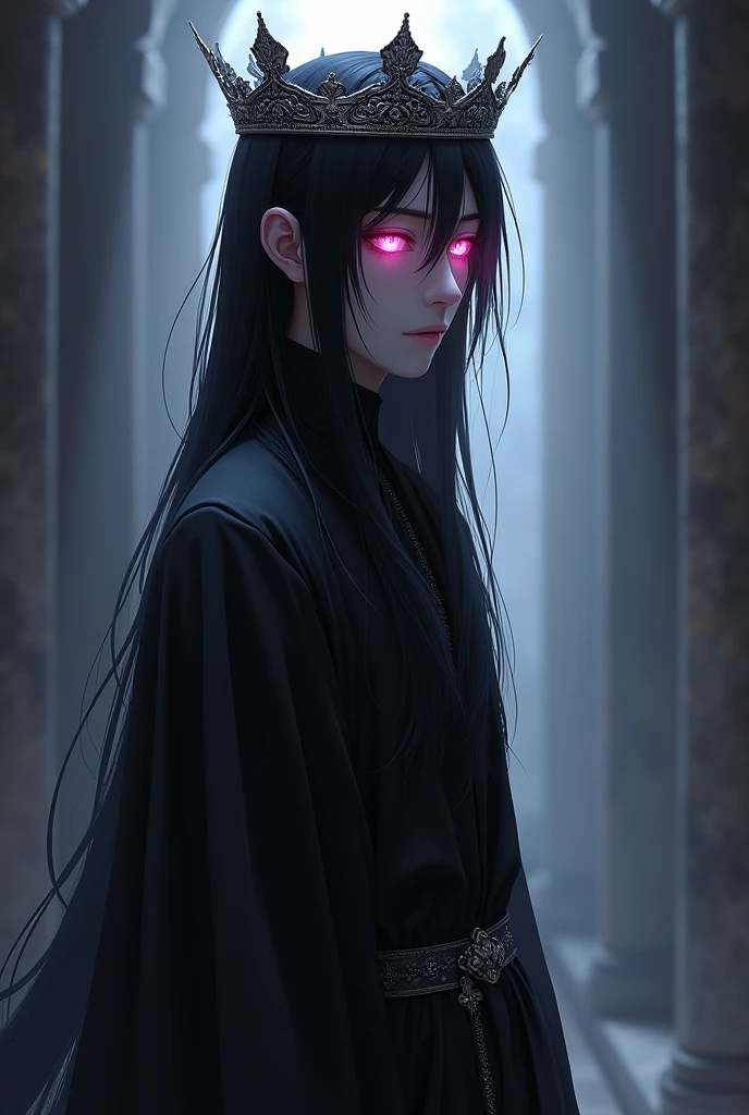 Young man in tunic, priest, long black hair and pink eyes with a crown on her head