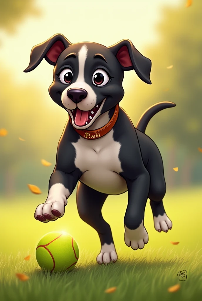 Create an illustration of my pet playing with a tennis ball.
It is a black male with a white chest and legs., no spots on the face, She is a pitbull cross and has a collar with her name on it., "Puchi". and his ears are small and he holds them low