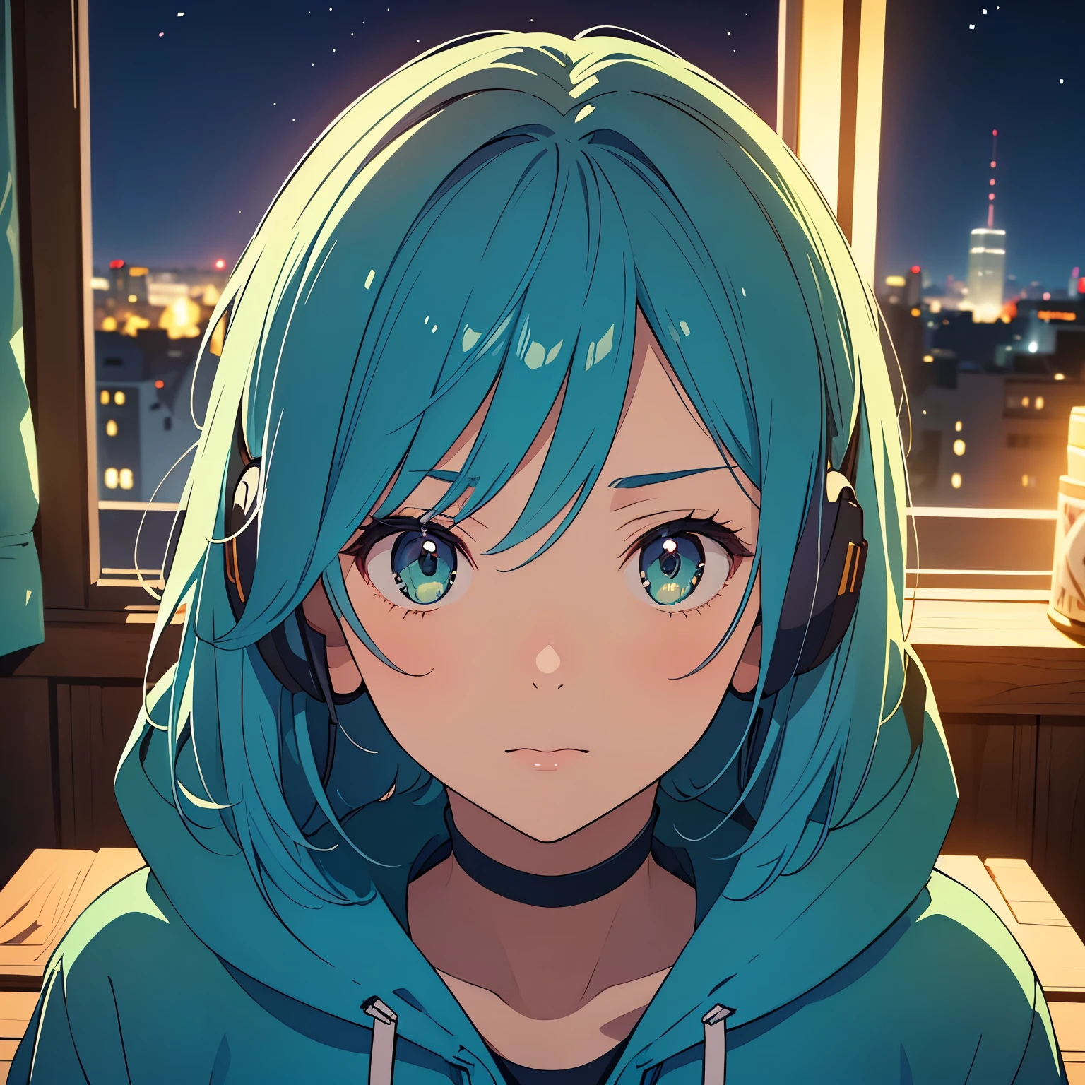 (beautiful girl: 1.3)、One girl、masterpiece、Highest quality、Ultra-high resolution、Perfect Face、Highly detailed face、Detailed eyes、Attractive eyes、Eye for detail、Detailed skin、Perfectly shaped、Symmetrical face、 Rich contrast、80s Anime、Vintage Anime、super high quality、8k、Highly detailed textures、Unbelievably absurd、Highly detailed CG unit wallpaper、RAW Photos、Depth of written boundary、Super Fine、16K、uhd、Perfect Anatomy、Natural light、Cinematic Realism、Atmospheric lighting、Intricate details、Shadows in the movies、Cinema Lighting、In the room at home、Cute room、Outside the window is the city at night、Buildings、Night view、Beautiful sky（Great view 1.2）、Lots of shooting stars、Full body view、A big, roomy parka、Cyber Hoodie、Modern clothing、Realistic clothing、Pale emerald green hair、Medium Short Hair、A melancholic look、Dark、Dark shading、Dynamic Angle、Rainbow Headphones,Listening to music、
