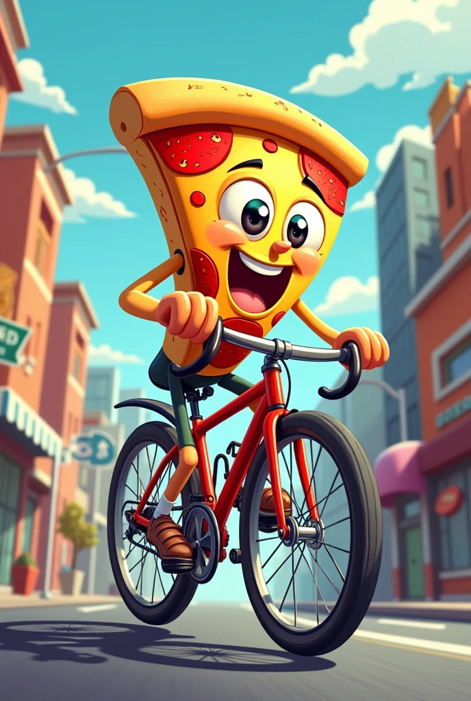 Pizza riding a fixgear bike cartoon style