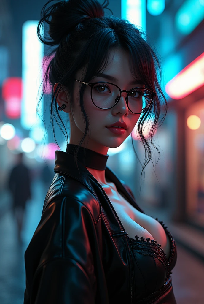 a shy girl with a voluptuous body and big breasts , she wears a sweater with a dark trench coat she wears glasses her hair is black and has streaks of red her eyes are different colors she is cheerful, shy and extroverted