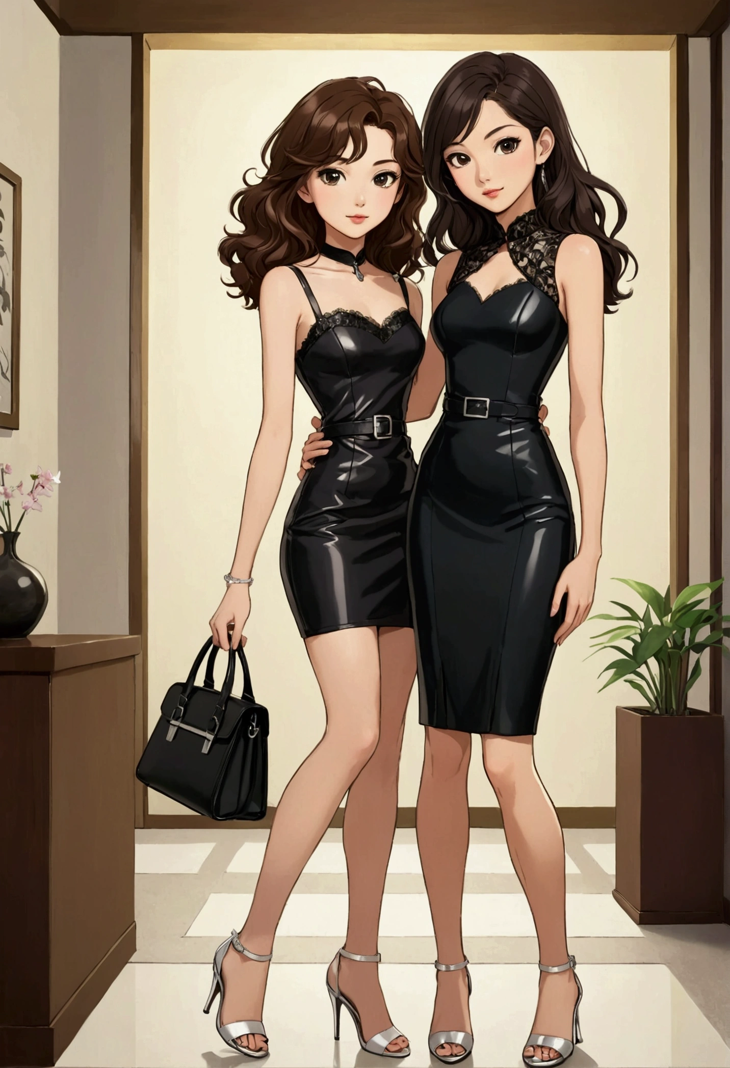 A beautiful young anime style Sarah Kay, British with semi-long wavy brown hair dressed in an elegant sleeveless, strapless dress with three-buckle details in front, all in white and a pencil skirt, wearing silver high-heeled sandals, she is modeling and posing for the camera in a relaxed attitude and next to her A beautiful Asian woman, with long, straight black hair, dressed in a short, tight black dress, with a small lace detail on the neckline, wearing shiny black high-heeled shoes, a small leather bag