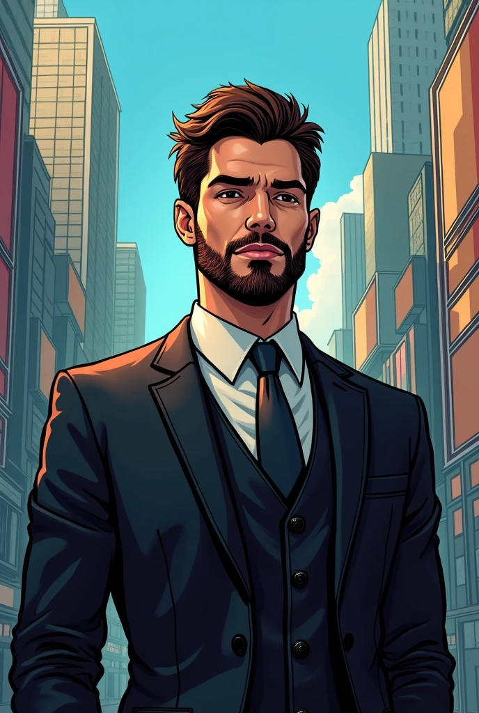 a character for my comic book with the following characteristics: the leader, stark, bonitas, Cao Cao, hair brunette, lined beard, apparently funny , young man of approximately 2, of the big and modern city