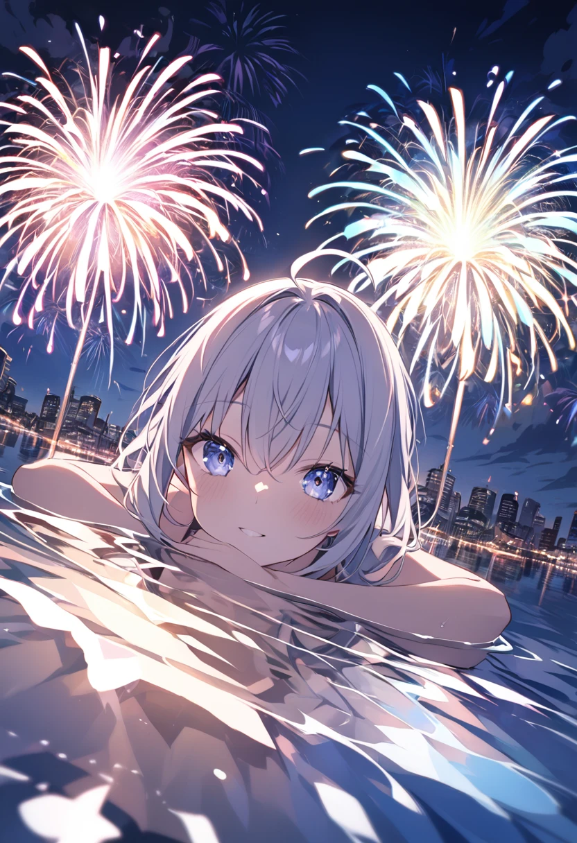 vertical view, a girl, fireworks reflected in the water