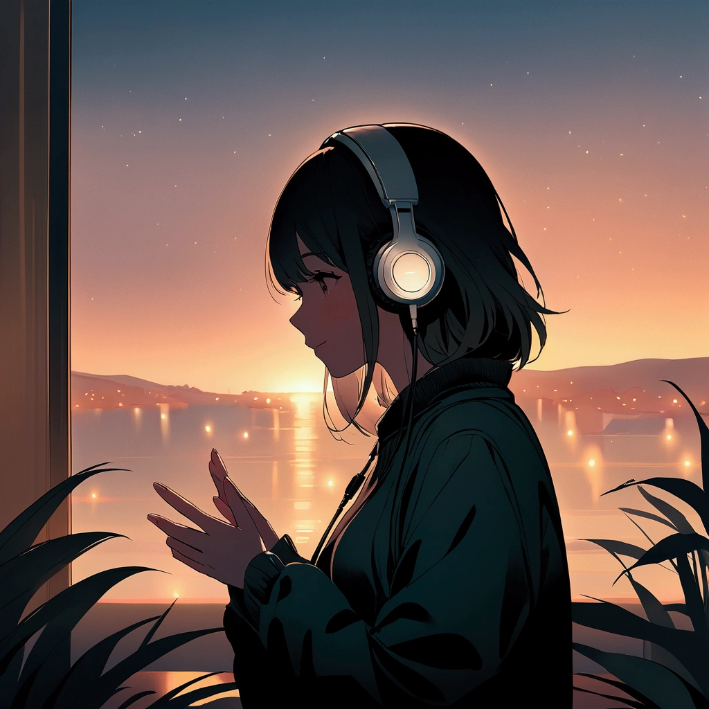 For the image, You could also feature a stylized illustration or a photo of a girl enjoying music., Put on your headphones, Soft lighting and a tranquil outdoor atmosphere、Surrounded by a calm atmosphere. Clean your fingers