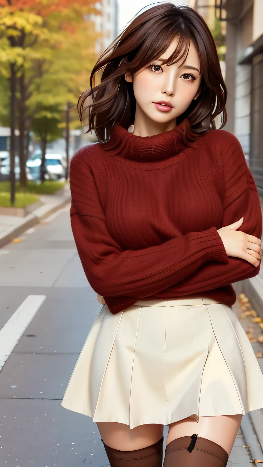 Masterpiece、Ultra-high quality photo、8k、5、Beautiful mature woman、Uniform Cosplay、Red cheeks、Light Brown Hair、Flared mini skirt、Over the knee stockings、loafers、Sidewalk、autumn、Walking、Plump body、Picking Up Girls、Embarrassed face、The wind flips up my skirt、White panties、lure