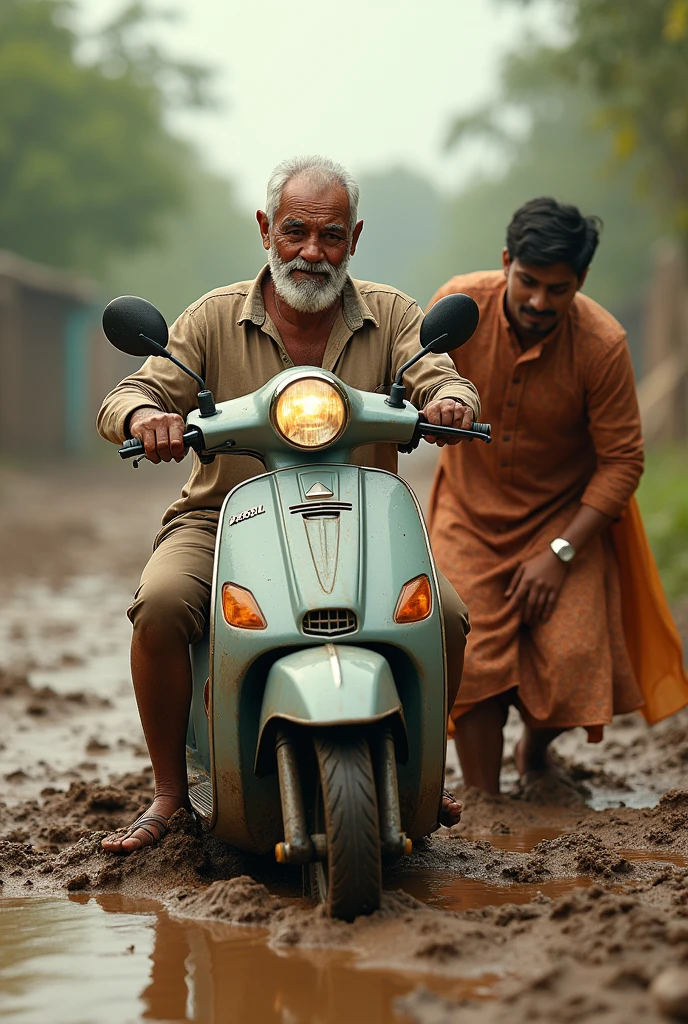 Ek uncle hai jinka scooter kichad mein fas Gaya hai unki madad help ek ladka Karta hai jiski shaadi hai usne apni shaadi ki sherwani pahani hai aur vah piche se dhakka de raha hai back image