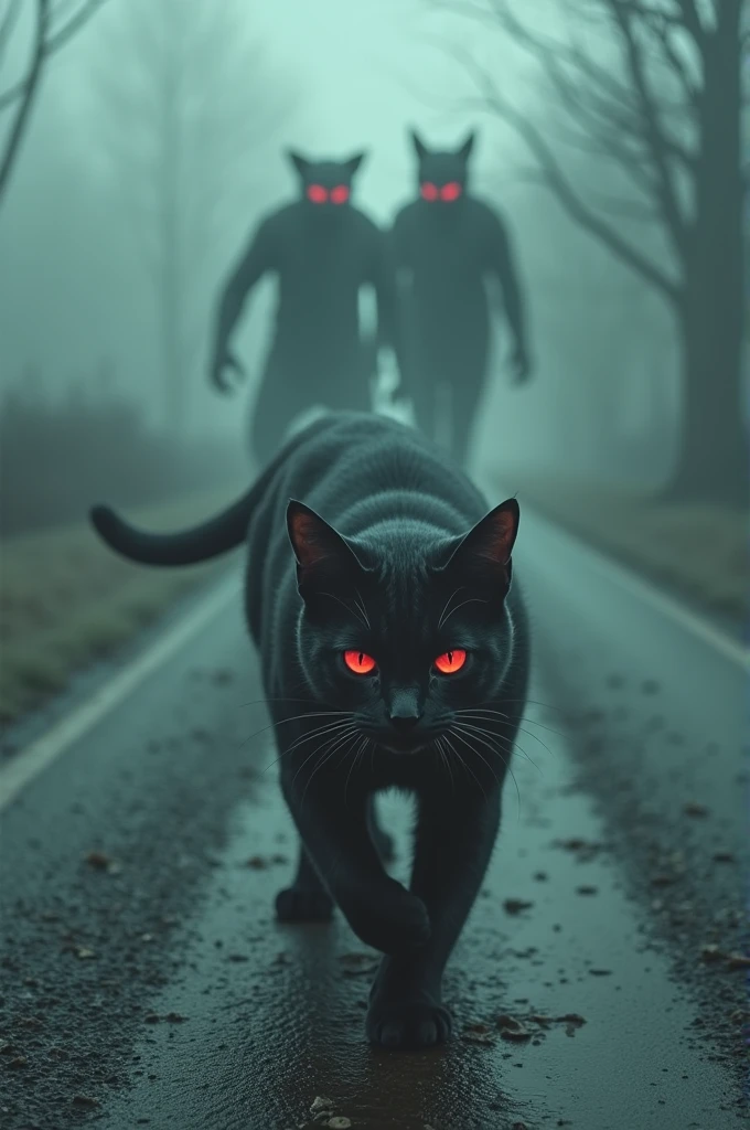 Cat is walking in between a road with red eyes and two transforms fighting backside of cat