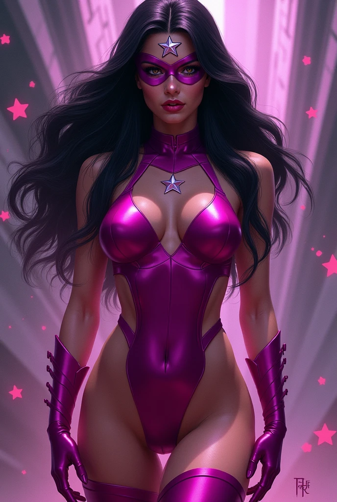 (()Una hermosa mujer de cabello negro largo bajo el manto de Carol Ferris alias Star Sapphire DC Universe traje enterizo fucsia botas y guantes Fucsia y máscara fucsia con una estrella de diez puntas en su frente estrella blanca en su abdomen traje sensual))),(((DC Universe)))