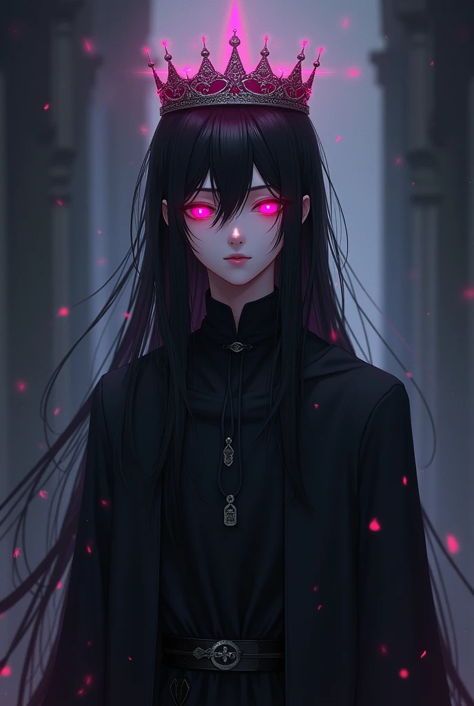 Young man in tunic, priest, long black hair and pink eyes with a crown on her head 