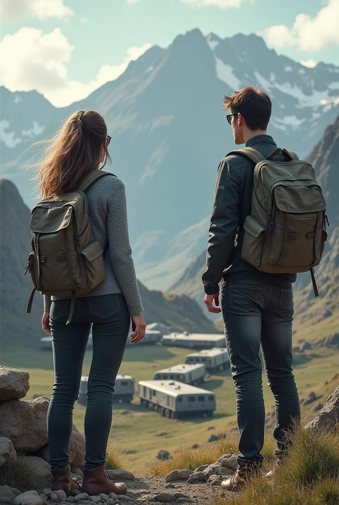 Two scientists, a woman with loose hair and a man. They are on a mountain overlooking a secret base . With  outside and three military vehicles parked. And a mountainous background can be seen. Que la mujer científica tenga un suéter gris y un pantalón oscuro  y que ambos tengan una mochila y esten en un espacio alto de la montaña