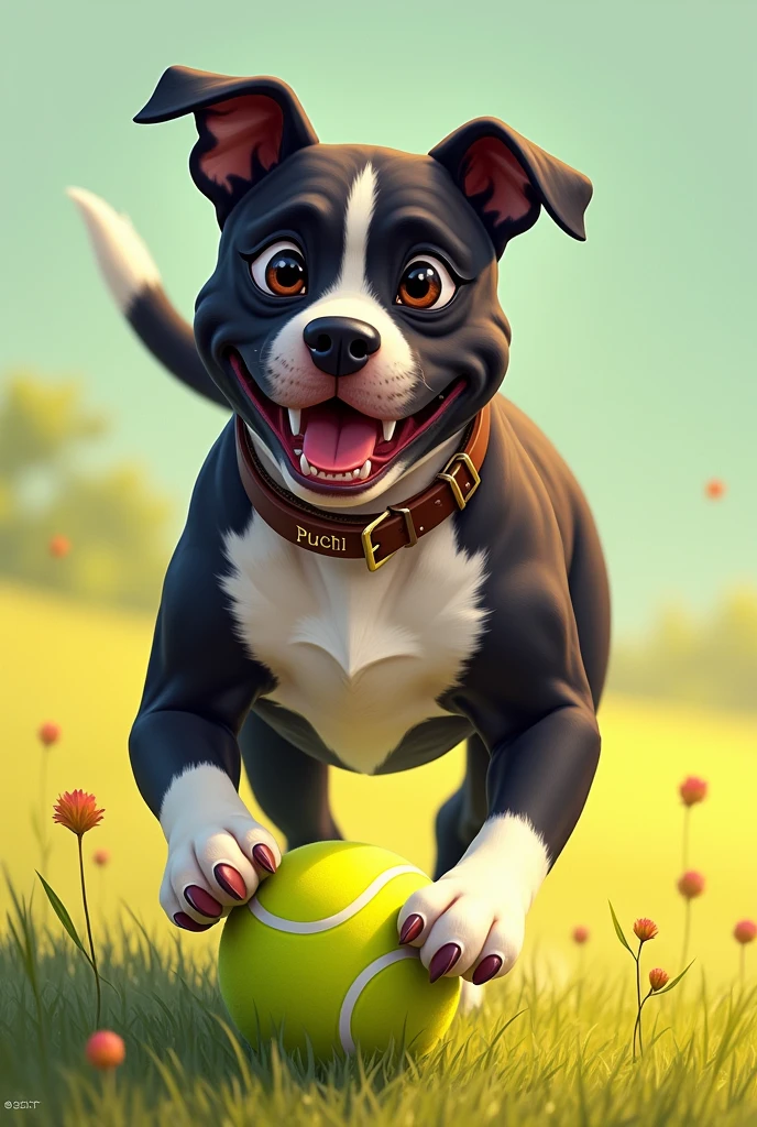 Create an illustration of my pet playing with a tennis ball. 
It is a black male with a white chest and legs.,  no spots on the face, She is a pitbull cross and has a collar with her name on it., "Puchi". and his ears are small and he holds them low