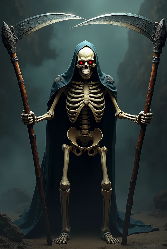 iron maiden skull holding a scythe in each hand