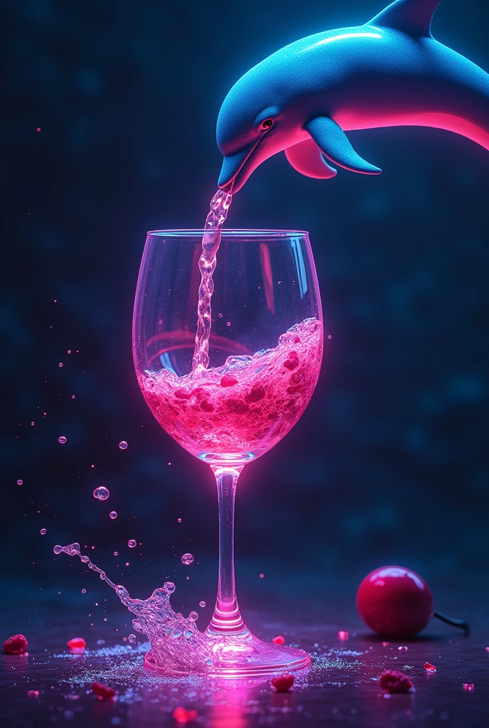 Wine glass pouring a dolphin in the air that is escaping in neon style