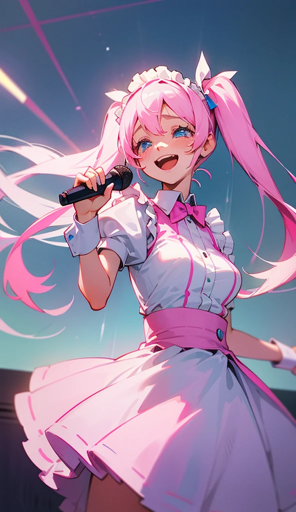 Pink and light blue high twin tails（Light）
An illustration of a maid-like girl holding a microphone and smiling while singing with tears in her eyes