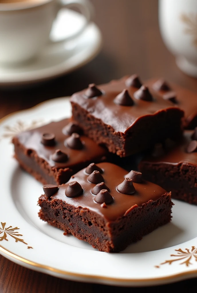 There are delicious chocolate brownies that are eye-catching, Cutes, with a shiny shell and chocolate drops on top, that makes you want to eat. The brownies are on top of a white plate and the background resembles an afternoon coffee. The image should have simple gold details on the plate.