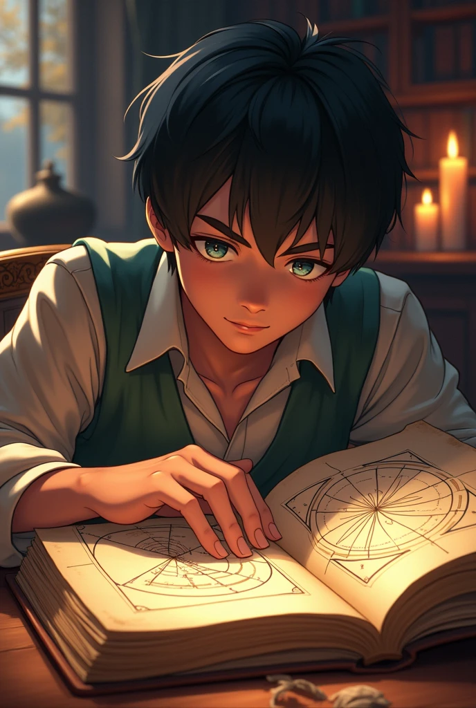 scene: Leonardo a young man examines an old book on geometry, with drawings of perfect figures like circles, triangles and spirals. do it like it's anime Boku no hero