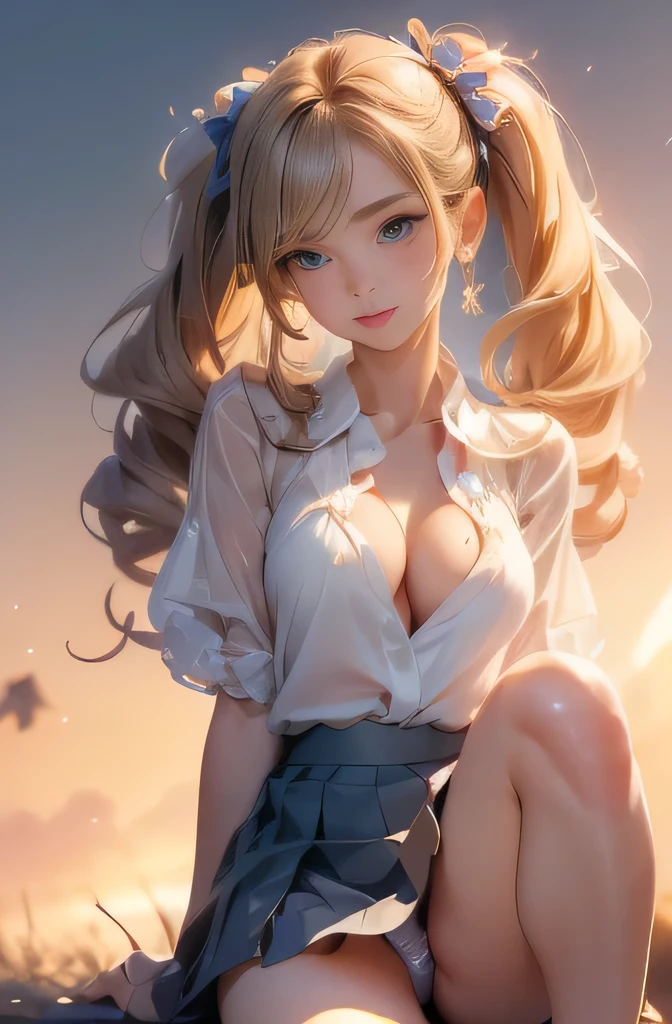 ((((Highest quality, High resolution)))), Extremely detailed 8K, Beautiful girl with slim body, (Ultra HD, Very detailed, Very detailed, Very realistic, Ultra-realistic, Photo Real), (One girl:1.5), Long Hair、Twin tails、Brown eyes, (Medium Breast: 1.2), (Beautifully detailed face, Beautiful attention to detail), (Sheer blouse:1.4),(Cleavage)、(Light of the sun, sunlight),(slender:1.5),(Light clothing:1.6),(Open chest)、(Idol face:1.7),(Beautiful eyes)、(Beautiful face)、(Toned body:1.5),(masterpiece:1.8),Blushing、Beautiful Skin、Moist eyes、Embarrassed expression、smile、(Slim and beautiful legs:1.4),(mini skirt:1.4),(Panty shot:1.4),(squat:1.2)、(Charm:1.3),(Seductive posture:1.4),(from the front)、Shine、(Low - Angle)