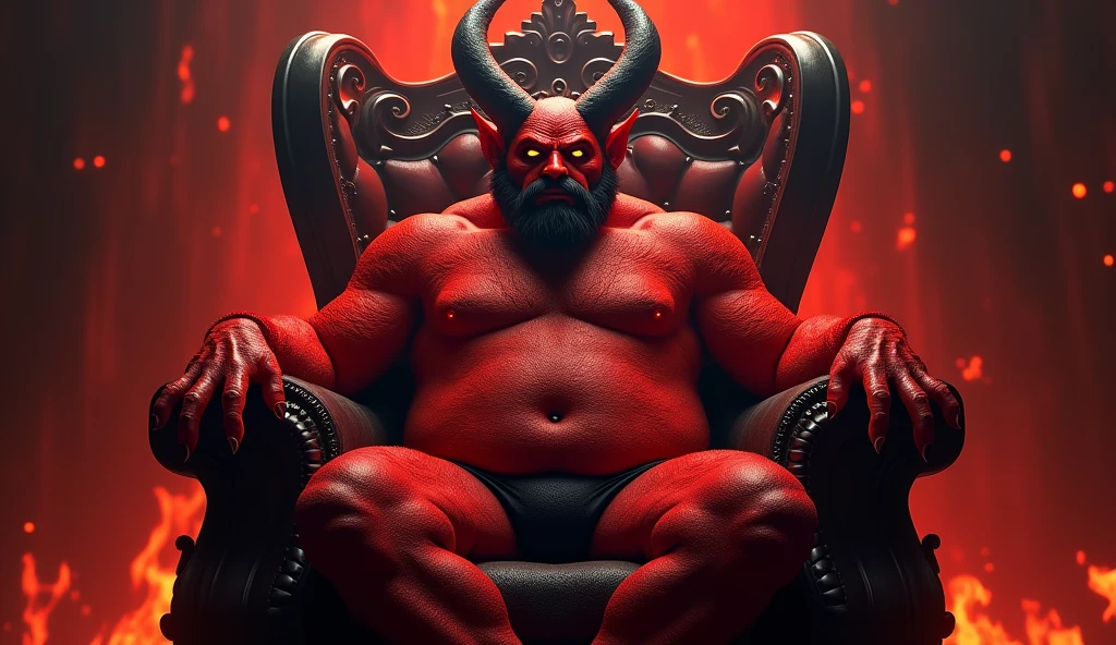 satan on his ruling throne, red skin, chubby, hairy, high resolution, ultra-detailed, sharp focus, detailed eyes, symmetrical eyes, expressive eyes, clear pupils, vibrant eyes, focused gaze , king's expression is intimidating with a sense of authority, solo, masterpiece, best quality, male, mature, manly, , photorealistic, 8k, (wide dynamic range, hdr:1.2), sitting, (night:1.2), light, looking at viewer, pose, jockstrap with large bulge in the middle,full body, , shadow, leaning back, hell, very short fur, detailed skin texture, high contrast lighting, feet,