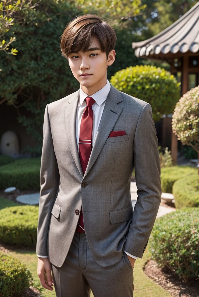 A high school boy, round face, sleepy eyes, Wearing a grey plaid suit with a red tie, a face full of sunlight, Brown hair with mushroom cut, A soft smile on her face, a tall posture, a clear face, handsome and handsome, standing in an asian garden 
