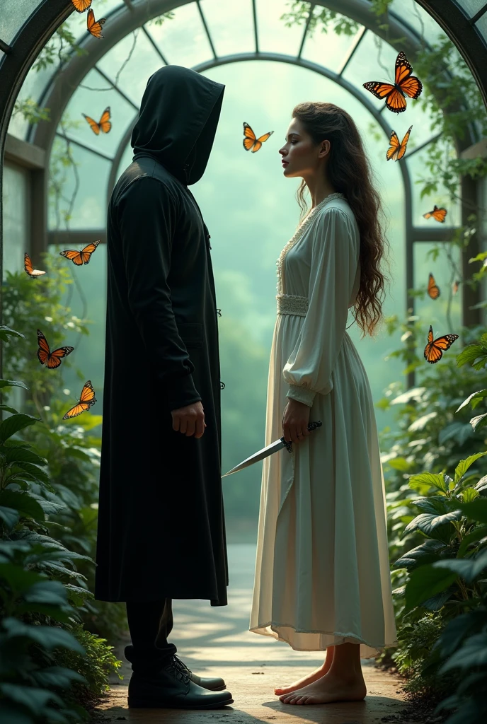 Create an image where a boy and a girl are inside a butterfly house. She has a white nightgown and long hair.. The boy has a black hooded suit. She has her back to him while he speaks in her ear. more realistic and both are separated. They are both adults. MORE ADULTS AND HE IS BEHIND HER. BOTH SEPARATED AND MORE BUTTERFLIES. SEPARATED PLEASE LET THEM BE SEPARATED. more butterflies and the girl is holding a dagger. She has a white nightgown on. more realistic. HE HAS HIS FACE MORE COVERED. They are face to face. Please improve it please improve it once more. THE FACE OF THE MOST COVERED PLEASE. She has the dagger at her neck 