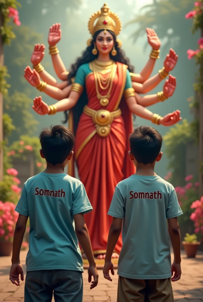 Create realistic close shoot image, standing maa Durga many arms looking straight wearing red traditional indian saree, 2 boy looking straight standing infront praying, boy wearing light blue tshirt with name “Somnath” boldly written on it, environment is gorgeous, background is of garden, boy name must written clearly and correctly, boy face clearly visible, high quality, 4k quality