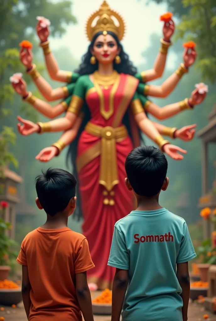 Create realistic close shoot image, standing maa Durga many arms looking straight wearing red traditional indian saree, 2 boy looking straight standing infront praying, boy wearing light blue tshirt with name “Somnath” boldly written on it, environment is gorgeous, background is of garden, boy name must written clearly and correctly, boy face clearly visible, high quality, 4k quality