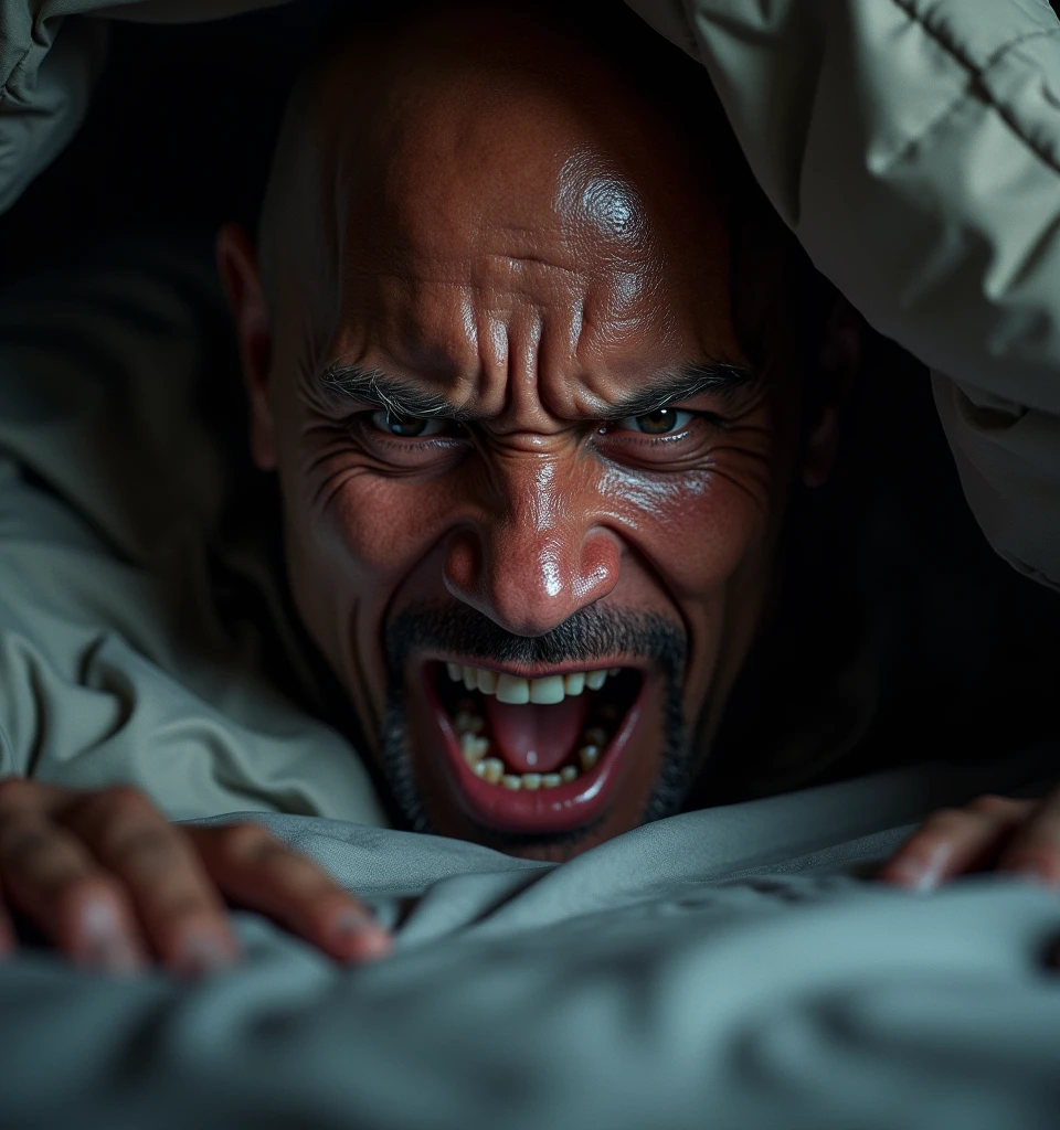 a close up of Dwayne Johnson are screaming under a bed, , hyper realistic digital painting, dwayne johnson, dwayne the rock johnson, hyperrealistic digital painting, starring dwayne johnson, ultra realistic digital painting, hyperrealistic digital art, realistic photo studio photoshop, hyper realistic digital art, a portrait of dwayne johnson, very realistic digital art