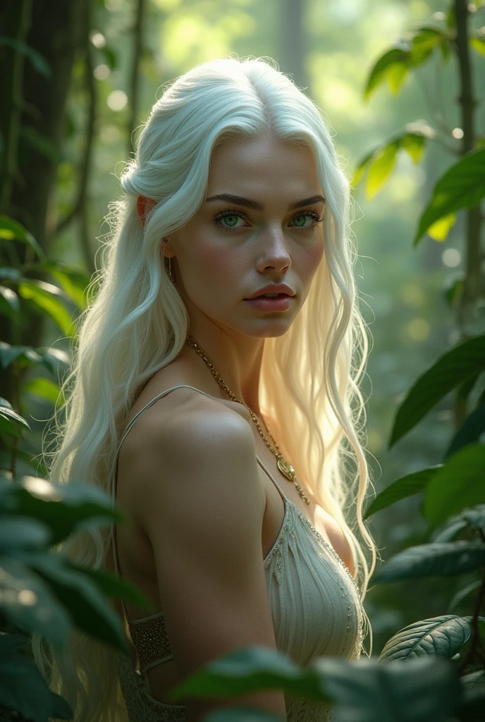 Create an image of a stunning woman in the forest. She appears to be about 2 with long, white hair that falls in natural waves. Her eyes are a striking emerald green, reflecting the color of a panther’s eyes. Her skin is white and perfectly smooth, and her body is athletic and sculpted, showcasing a wild and natural beauty.She is set in a dense, lush forest, surrounded by tall trees and rich vegetation. Sunlight filters through the leaves, casting a soft glow around her. The woman is not wearing any clothes, maintaining a pure and untamed appearance that blends seamlessly with her natural environment. The image should capture both her elegance and her deep connection to nature.