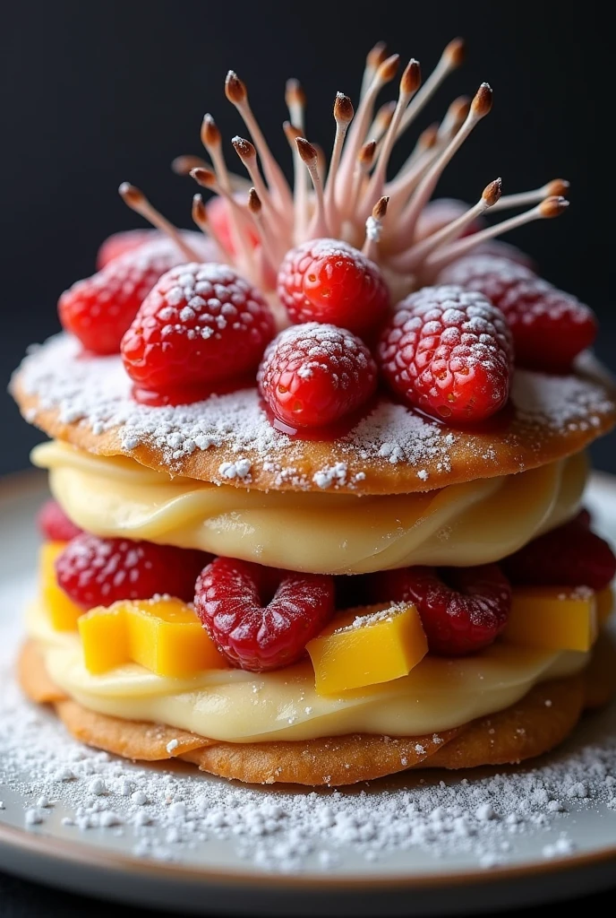 Create a kunafa food with ube, mango, strawberry flavor
