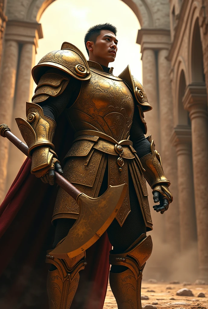 depict a knight standing proudly without a helmet. The knight should have a short hair and asian facial features. He's wielding a gigantic golden battle axe, dressed in extremely detailed heavy golden armor, detailed metal textures, detailed intricate armor, detailed ornate armor, muscular figure, powerful stance, dynamic pose, dramatic lighting, cinematic angle, cinematic composition, dramatic chiaroscuro, volumetric lighting, super-realistic, colloseum background