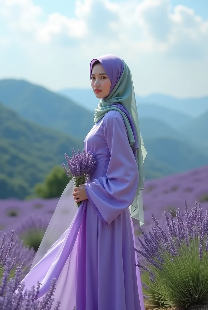 Beautiful Korean Girl , smooth white skin, well-groomed face,Transparent Green Purple Long Hijab,,,wearing a long wide dress.Purple,  Long Sleeve Balloon Model, transparent, closed chest section, smiling gracefully looking at the camera. ,standing pose,hand holding a bunch of lavender flowers, with her grace, hijab flowing in the air, gently blown by the wind.. among the lavender plants, the high one. On a very beautiful and amazing mountain Under a cloudy sky covered in clouds, Background seen from the top of the mountain, a field of lavender flowers stretching out in a very beautiful purple color, amazing...Original photo, Realistic 

